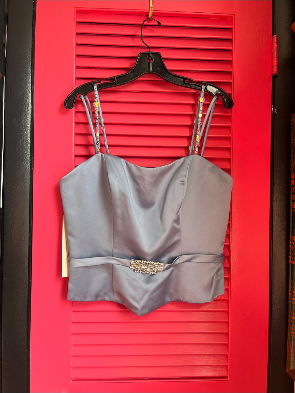 Alfred Angelo Satin Light Silver Bustier with Jeweled Straps